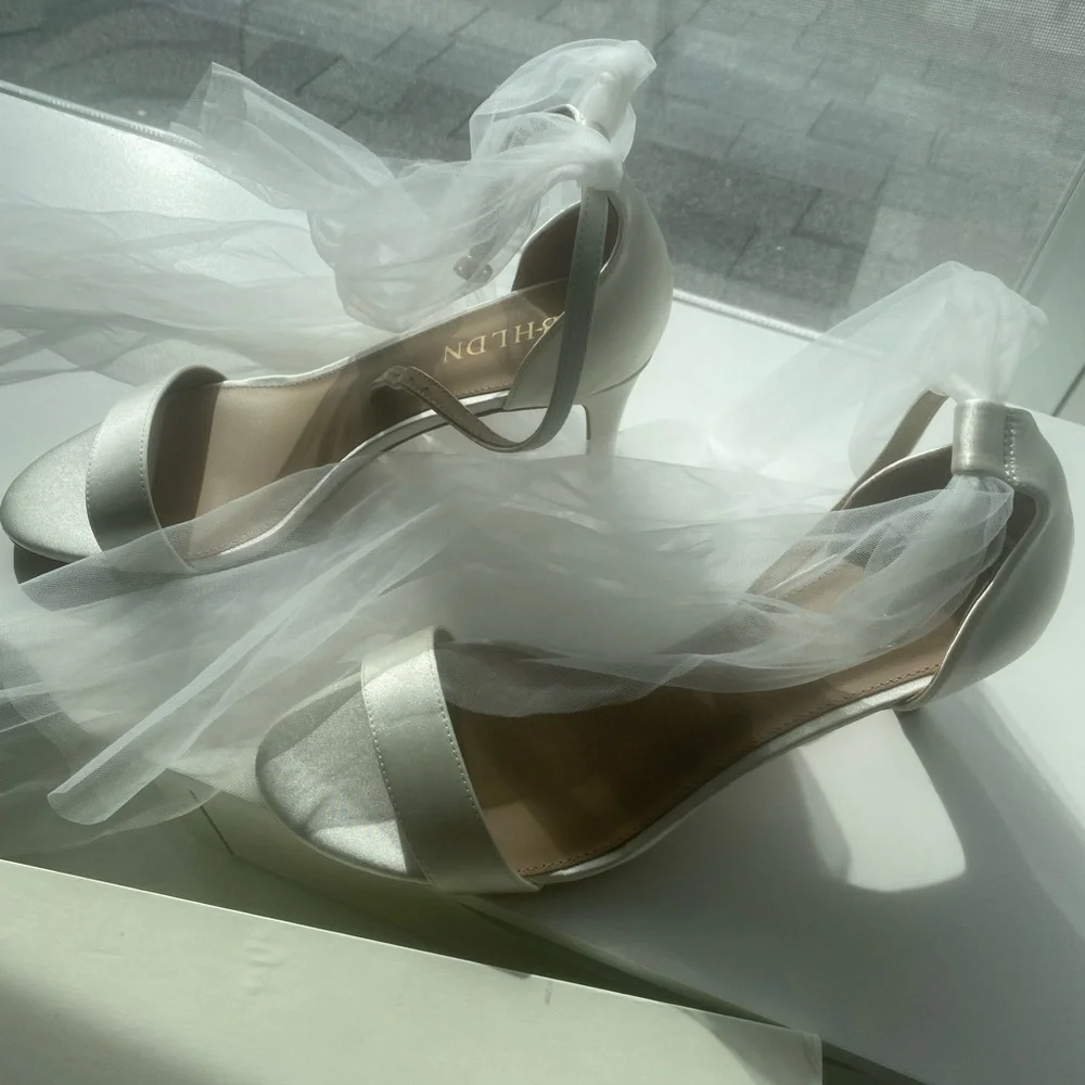 BHLDN White Satin Bow Ankle Strap Heels
